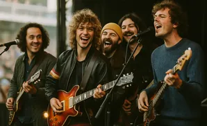 A band of five men playing guitars and singing on stage.
