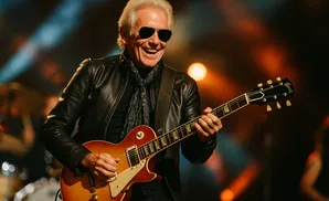 A smiling man in a leather jacket plays a red electric guitar on stage.