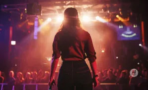 A performer with their back to the camera, holding a microphone on a brightly lit stage in front of an audience.