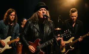 A rock band performs on stage under warm lighting, with a lead singer playing guitar and singing into a microphone.