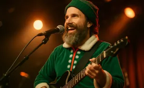 Man in a green elf costume and hat plays guitar and sings into a microphone under warm stage lights.