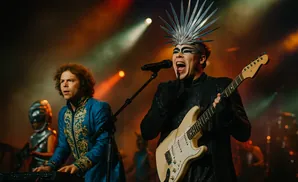 A male lead singer with a metallic headdress and dramatic eye makeup sings into a microphone while playing a cream-colored electric guitar.
