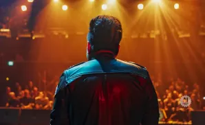 Man in leather jacket on stage with spotlight and audience.