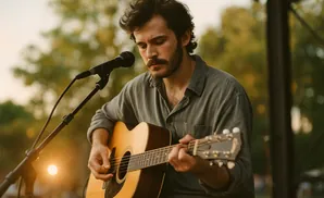 A man with dark curly hair plays an acoustic guitar and sings into a microphone outdoors.