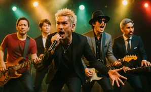 A band performs on stage, with one member singing into a microphone and others playing guitars.