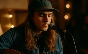 A man with long brown hair wearing a denim jacket and a baseball cap sings into a microphone.