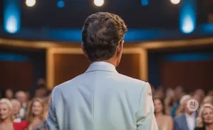 Man in a white suit facing away from the camera, speaking to an audience in a theater.