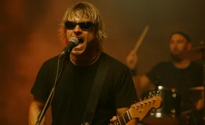A rock singer wearing sunglasses belts into a microphone while playing a guitar.