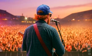 a rear view photo of fust band performing a concert on stage to a lively audience