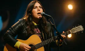 A woman with long, dark hair plays an acoustic guitar and sings into a microphone.