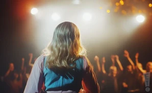 a rear view photo of goldie boutilier performing a concert on stage to a lively audience
