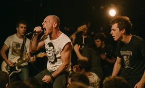 A bald man sings into a microphone while a guitarist plays in the background at a concert.