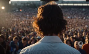 Man with long, brown hair faces a large, blurry crowd at an outdoor event during sunset.
