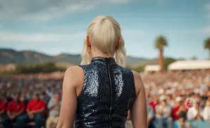 Woman with blonde hair in a sequined dress seen from behind, facing a large outdoor crowd.