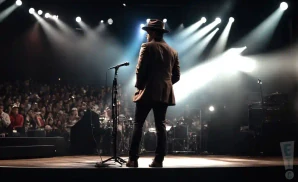 A man in a hat and suit stands on a stage facing a crowd, with a microphone in front of him.
