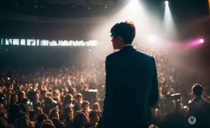 A speaker in a suit addresses a large, cheering audience under bright spotlights at a concert or event.