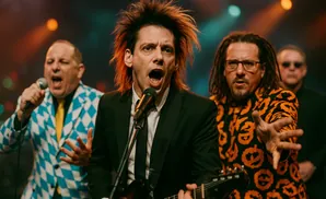 A band performs on stage with one member in a black suit and wild hair, another in a harlequin suit, and one in a pumpkin-patterned shirt.