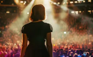 Back view of a person in a black dress on a stage, facing a large, cheering audience under bright spotlights.