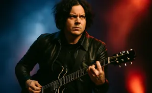 Jack White playing an electric guitar on a blue and red lit stage.