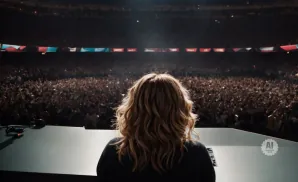 Back of a woman with blonde wavy hair facing a packed stadium crowd.
