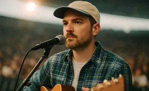 A man wearing a baseball cap and plaid shirt plays an acoustic guitar and sings into a microphone.