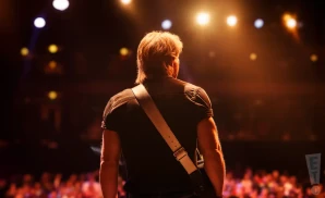 a rear view photo of john cafferty and the beaver brown band performing a concert on stage to a lively audience