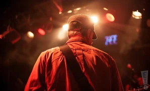 a rear view photo of john ford coley performing a concert on stage to a lively audience