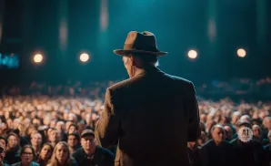 Man in a fedora and suit on stage addressing a large, blurred audience.