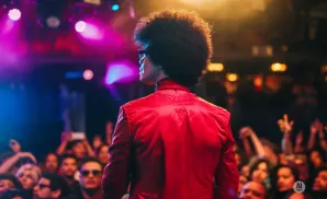 A person with an afro in a red jacket on stage, facing away from the camera, with a crowd in the background.