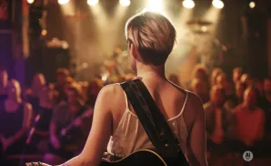 A musician with short, blonde hair plays guitar on stage in front of a blurry audience.
