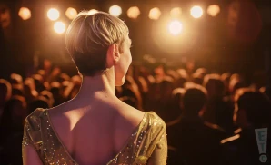 A person in a gold sequined dress faces a blurred audience under stage lights.