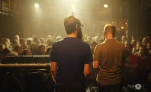 Two men stand on a stage facing a crowd, with a keyboard in front of them, bathed in stage lights.