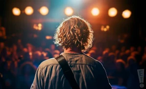 a photograph of musician kim churchill performing on stage while looking out to the audience.