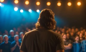 a rear view photo of king buffalo performing a concert on stage to a lively audience
