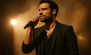 Man singing into a microphone on stage, illuminated by a bright spotlight.
