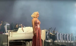 a picture of lady gaga performing on stage at the dolby live in las vegas, nevada