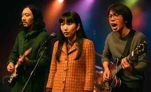 Three band members performing on stage. The leftmost man plays a guitar and wears a green coat. A woman in the middle wears an orange coat. The rightmos…