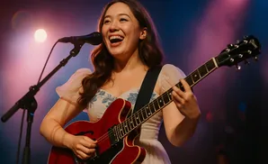 A woman sings and plays a red electric guitar on a stage with colorful lighting.