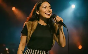 A woman sings into a microphone on a stage, wearing a black shirt and a furry vest.