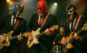 Three musicians wearing luchador masks and suits play guitars on stage.