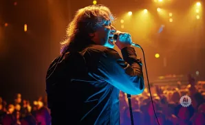 Singer performs passionately into a microphone on a brightly lit stage with a crowd cheering below.