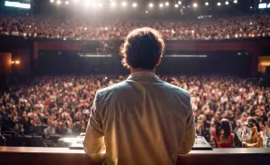 A speaker addresses a large, packed audience from a stage.