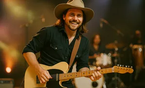 Man in cowboy hat plays guitar on stage with band in the background.