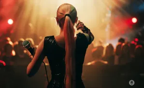 A woman with a long blonde ponytail sings into a microphone on stage, bathed in golden stage lights.