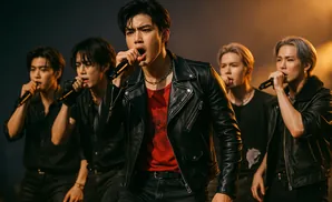 Five young men in black leather jackets and red shirts sing into microphones on a stage.