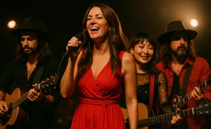 A female singer in a red dress, holding a microphone, performs with a band on a dimly lit stage.