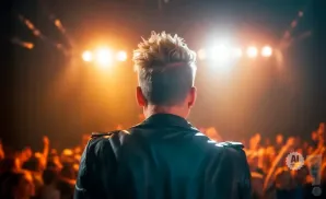 A performer with spiky blond hair faces a cheering crowd under bright stage lights.
