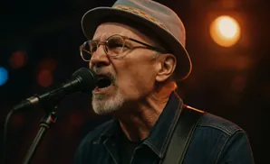 A man in a hat and glasses sings into a microphone, with blurred lights in the background.