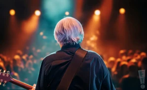 a photograph from behind guitarist jim weider from band masters of the telecasters performing on stage in front of a large audience.