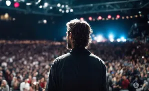 Man with curly hair stands on stage, facing a large audience at a concert or event.